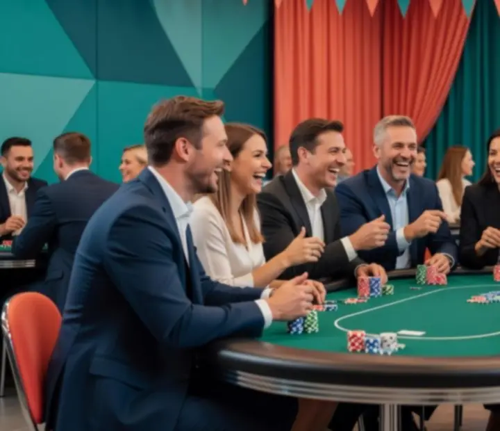 Moderně osvětlené firemní prostředí s pokerovým stolem a pobavenými hosty