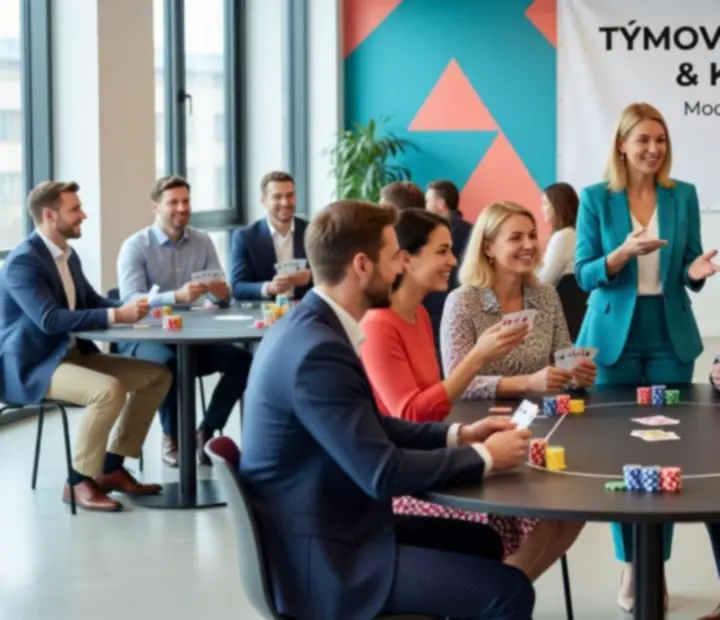 Teambuildingová pokerová akademie s týmy u herních stolů v moderním firemním prostředí