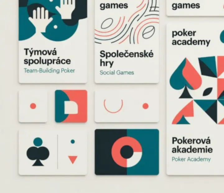Koláž různých typů programů Chytralis s pokerovými stoly a kreativními aktivitami