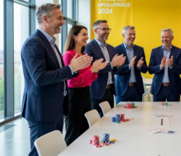 Tým kolegů spolupracující u stolu během firemní akce